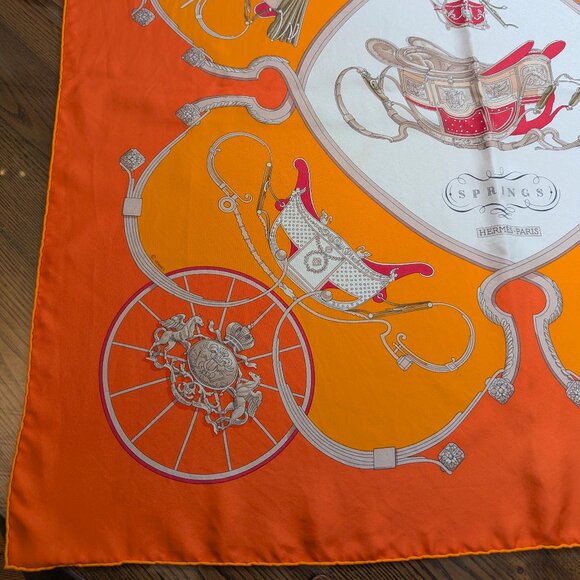 HERMES Springs Ledoux Orange White Red 90 cm Silk Square Scarf Rare Very Good - Picture 8 of 16